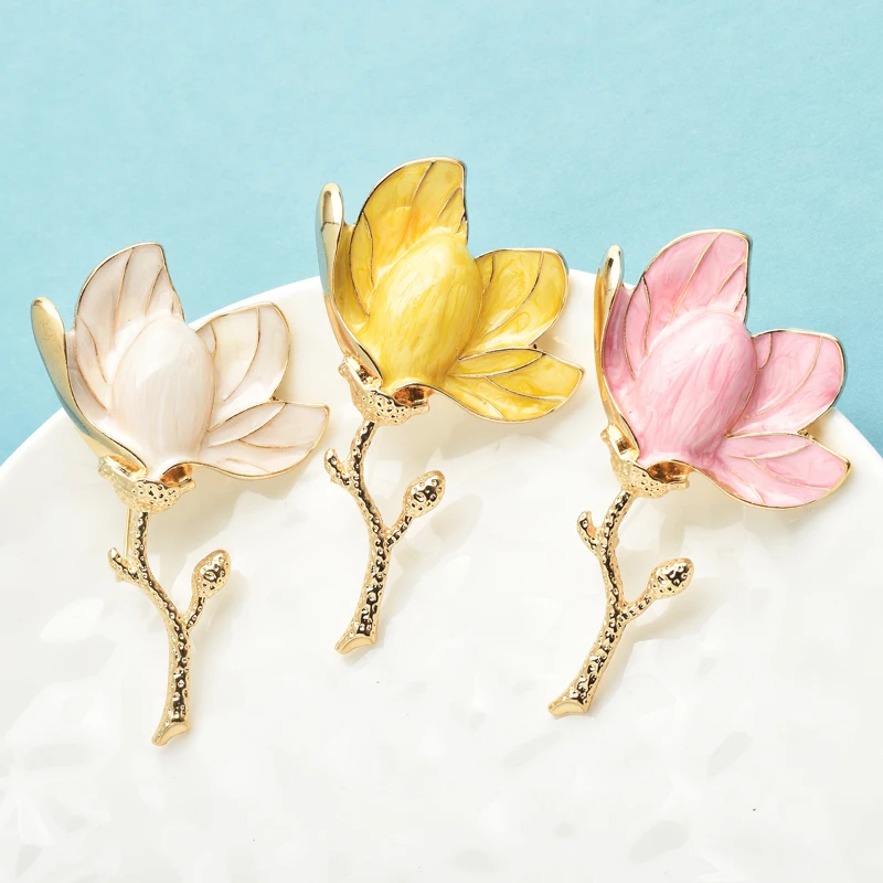 Wuli&baby Charming Magnolia Flower Brooches For Women Unisex 3-color Enamel Beautiful Flower Party Office Brooch Pins Gifts
