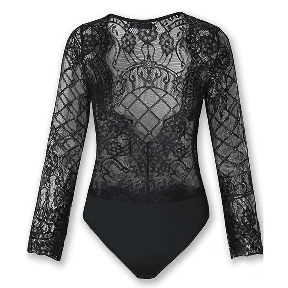 Sexy Skinny Lace Bodysuit Women Transparent Mesh Lingerie Deep V-Neck Erotic Black One Piece Long Sleeved Bodycon Underwear