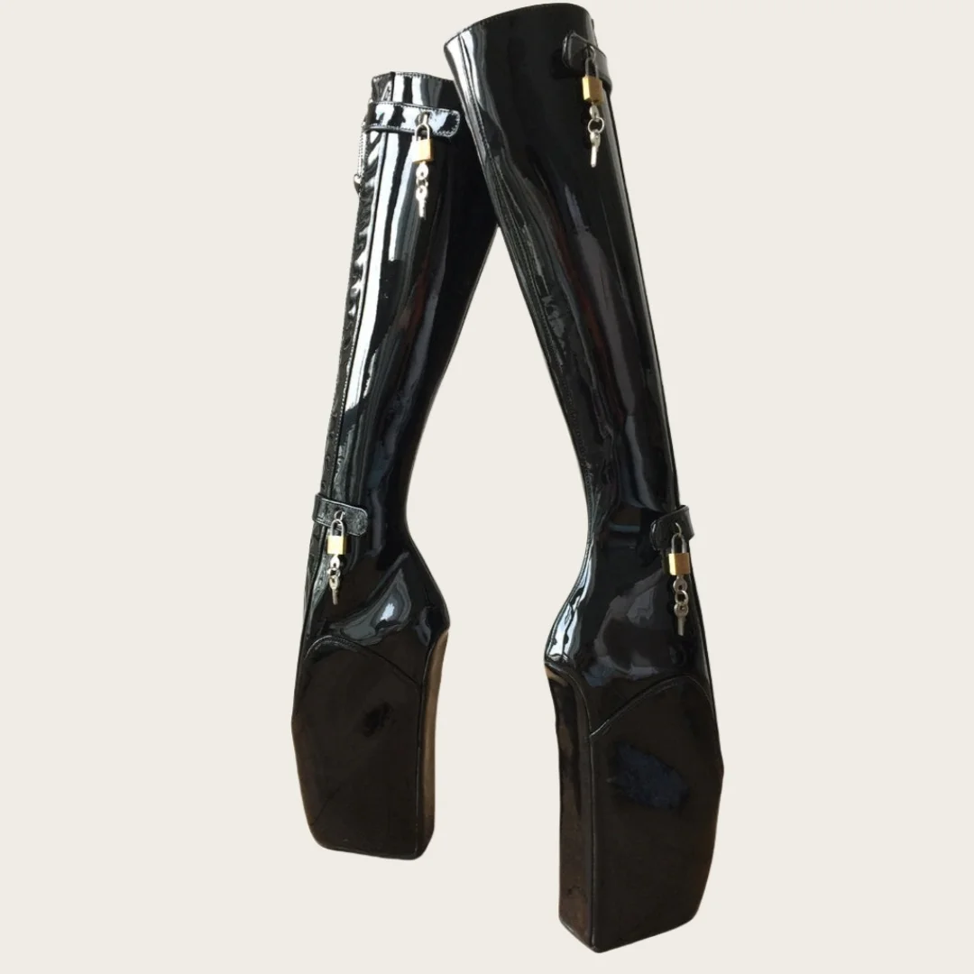 Women's Black Patent Leather Ballet Heel Boots Buckle Lock Detail Knee-High Design Bold Edgy Style for Costume Parties Outfits
