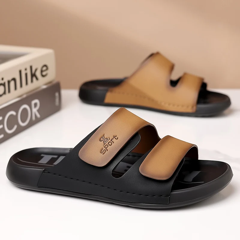 

Outdoor Men Non Slip Cowhide Crocodile Pattern Breathable New Sandals Fashionable Men's Thick Soled Comfortable Casual Slippers