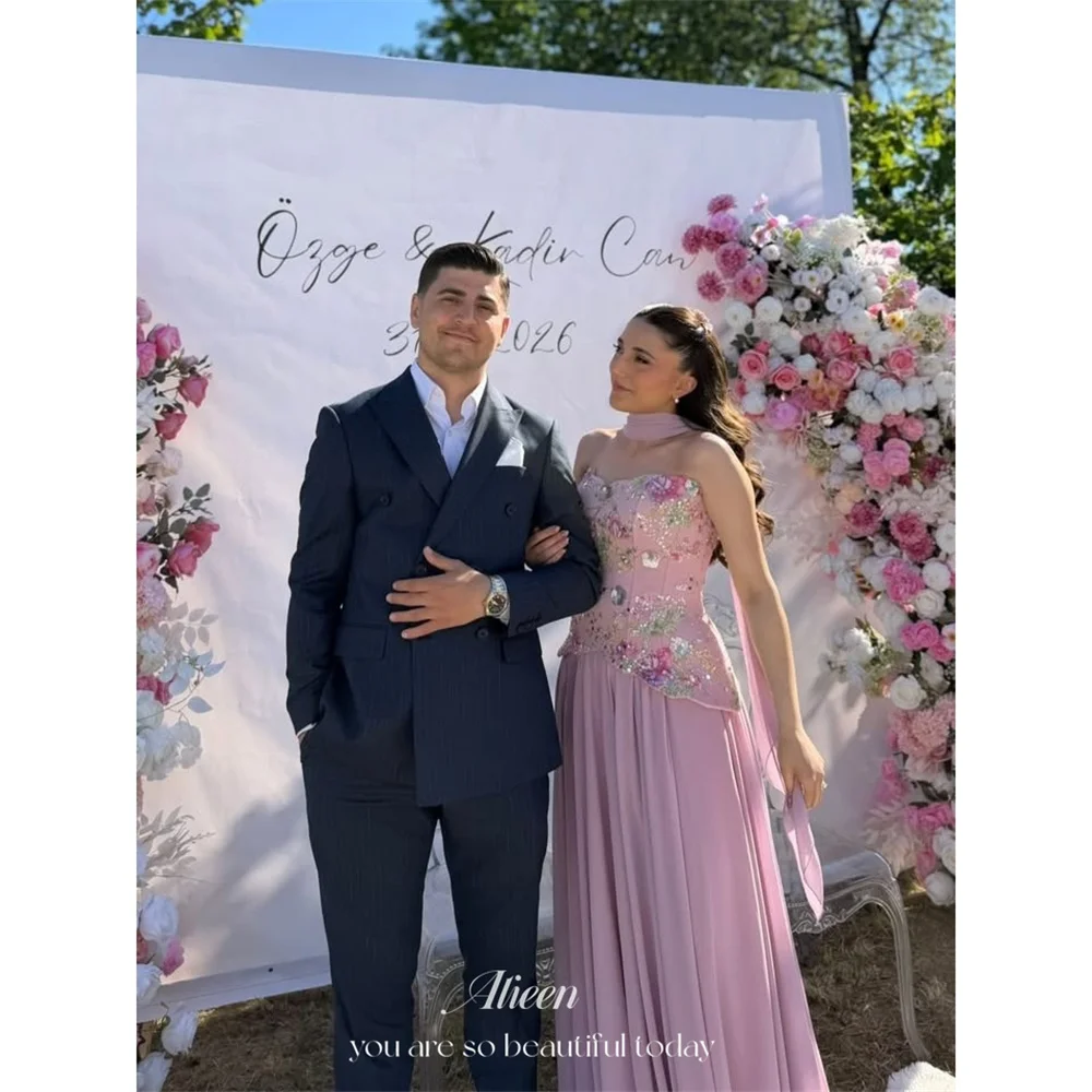 

Aileen Chiffon Strapless Pink A-Line Evening Dress 2026 Prom Dress 3D Floral Pearls Flowers Customized Vestidos 2026 Tendencias