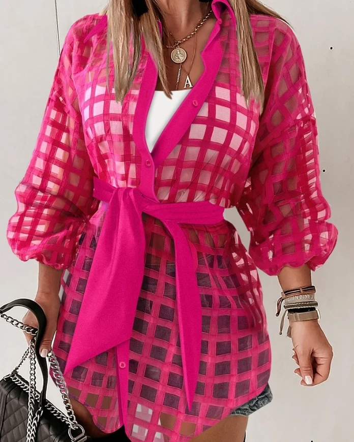 

Dresses for Women 2025 Office Lady Lantern Sleeve Plaid Turn-Down Collar Sheer Mesh Tied Detail Shirt Dress Mini Dress with Belt