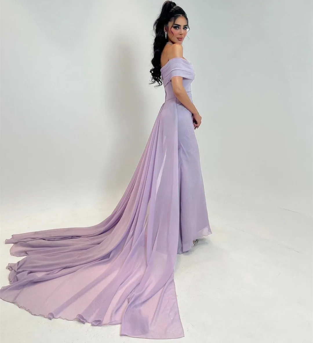 Elegant Long Lilac Bateau Neck Chiffon Evening Dresses فساتين سهرة Sheath Pleated Floor Length Prom Dress for Women