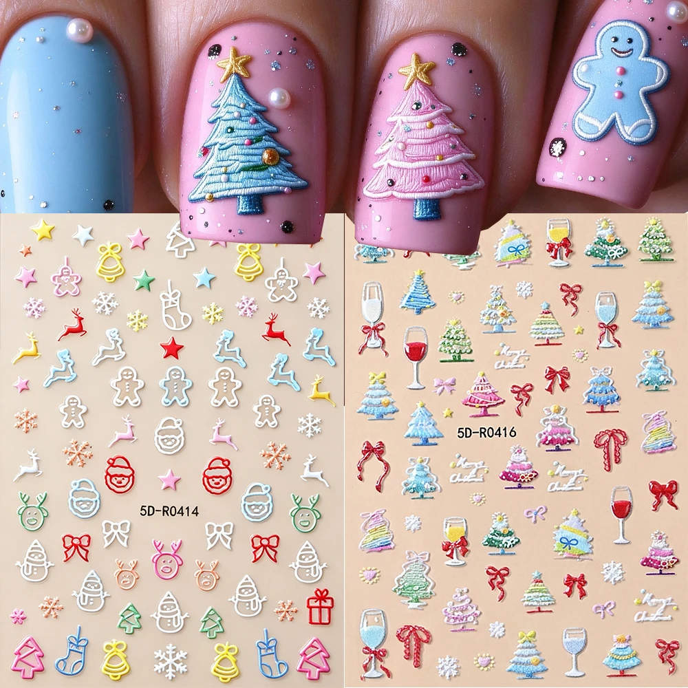 1/2Pcs 5D Colorful Macaron Christmas Nail Stickers Pink Blue White Xmas Tree Elk Santa Snowman Adhesive NaiL Decals Nail Decorat