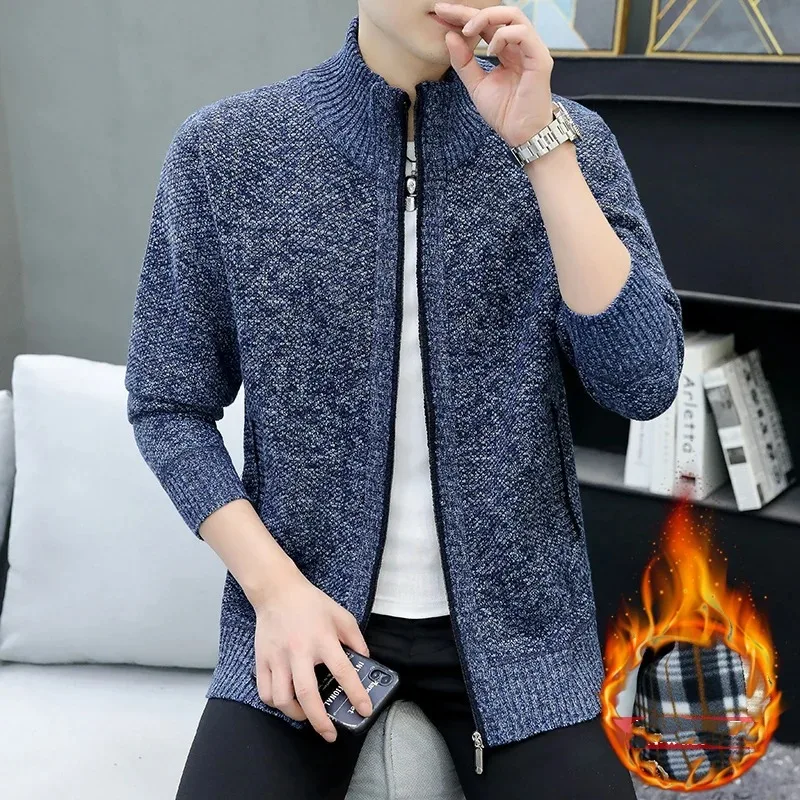 Men's Autumn Winter Turtleneck Solid Zipper Screw Thread Pockets Long Sleeve Sweater Knitted Cardigan Coats Casual Formal Tops