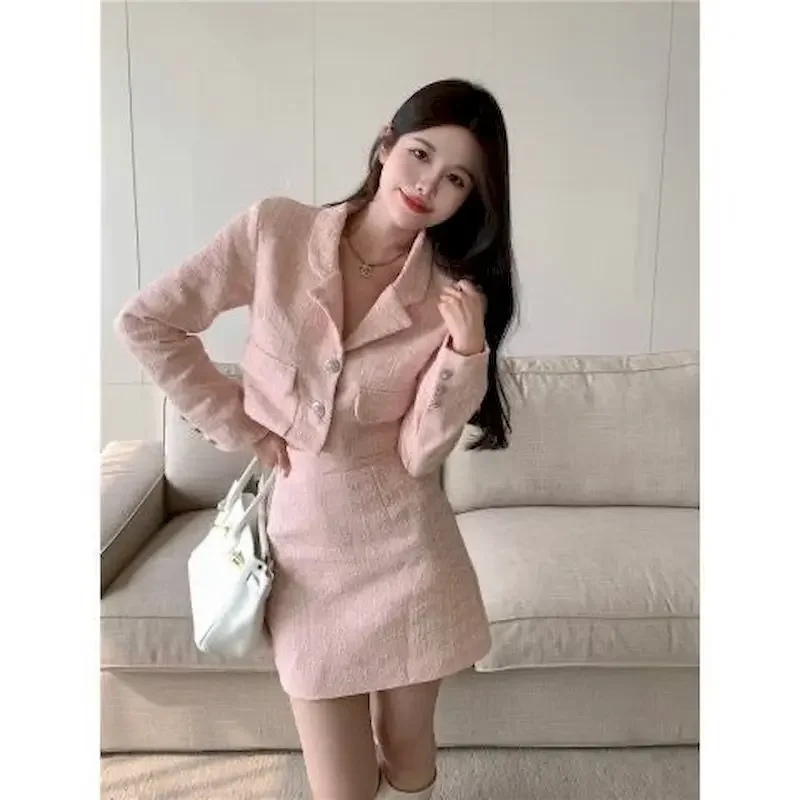 

Insozkdg Autumn Winter New Small Fragrance Style Ladies Two-piece Tweed Long-sleeved Suit Ladies Short Coat High-waisted Skirts