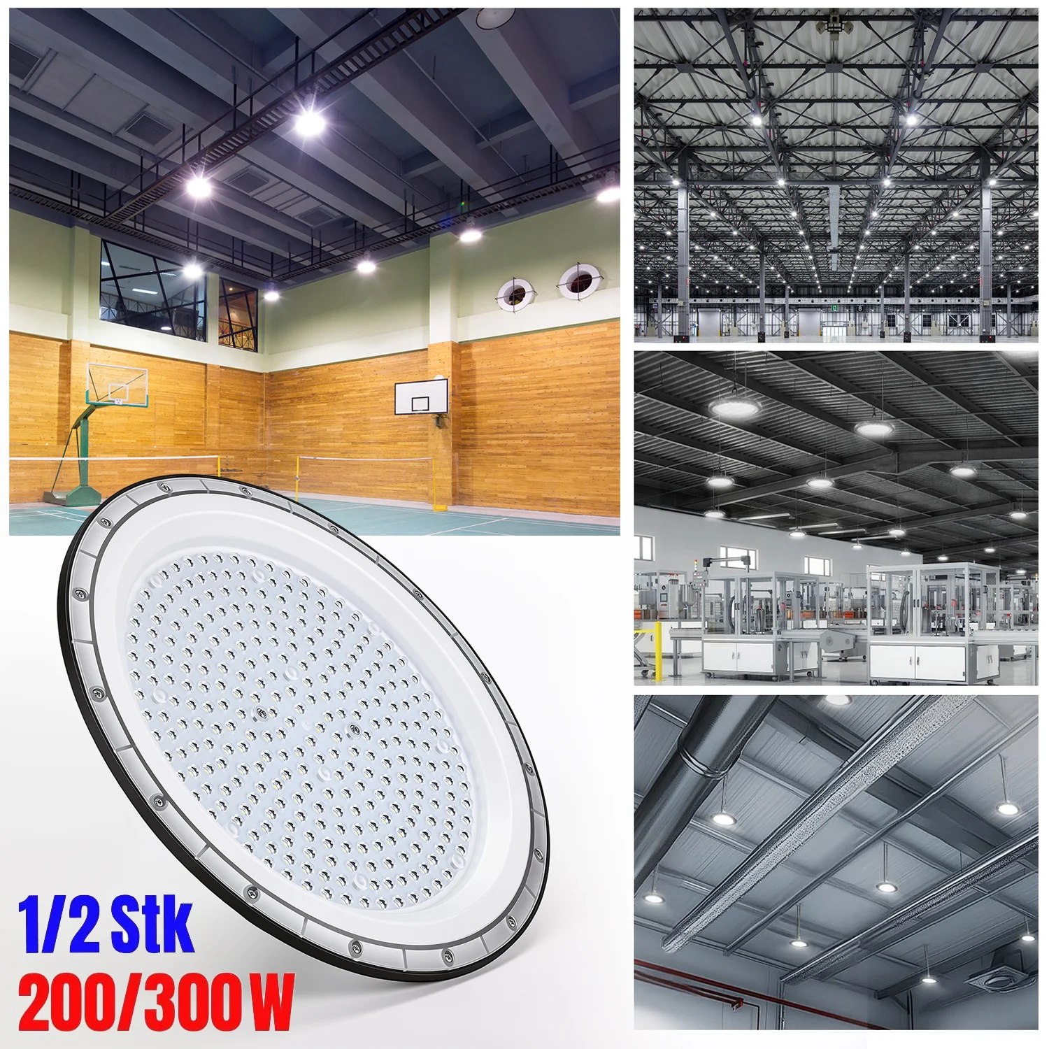 UFO LED Hallenbeleuchtung Industrielampe Hallenstrahler Hallenleuchte Aluminium Industrie- und Bergbaulampen Schwarz matt 200/300W 230V