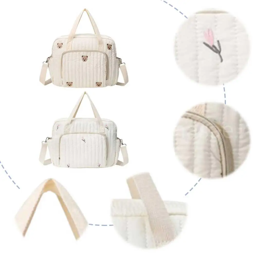 

Bear/Flower Quilted Mommy Bag Multifunctional Travel Diaper Tote Cotton Crossbody Maternity Bag Adjustable Strap Luggage Bag