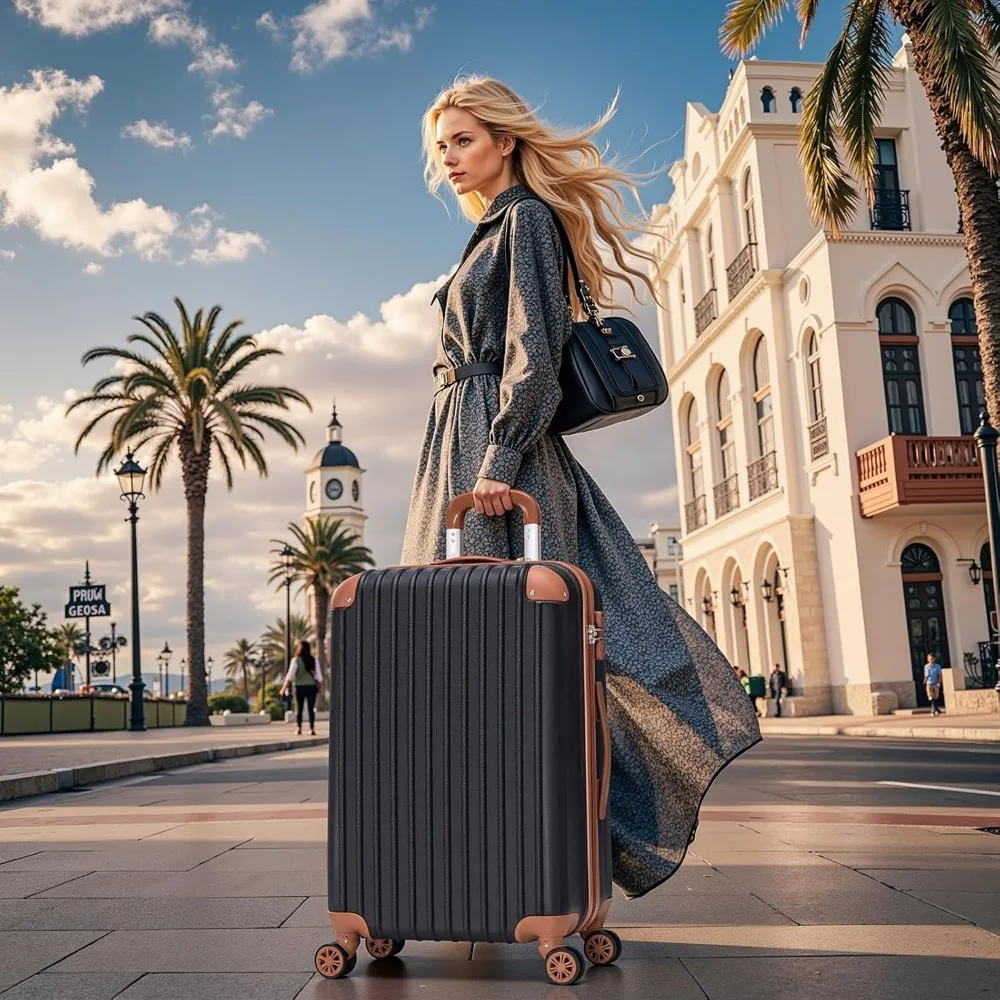 مجموعة أمتعة ABS هارد شل خفيفة الوزن مكونة من 3 قطع مع موافقة لشركة الطيران مقاس 20 بوصة وعجلات وقفل TSA وإكسسوارات سفر طويلة الذيل