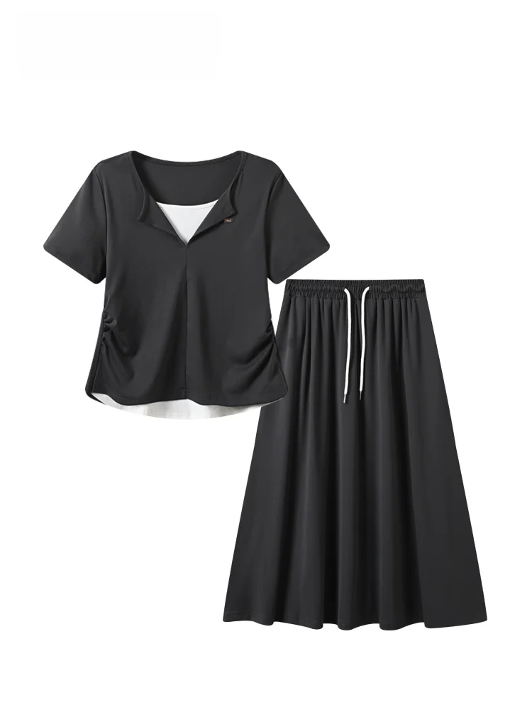 

plus Size Short Sleeve T-Shirt Set Summer New Style Women's Clothing Hidden Meat Slim Hepburn Style Dress Polyester Fiber