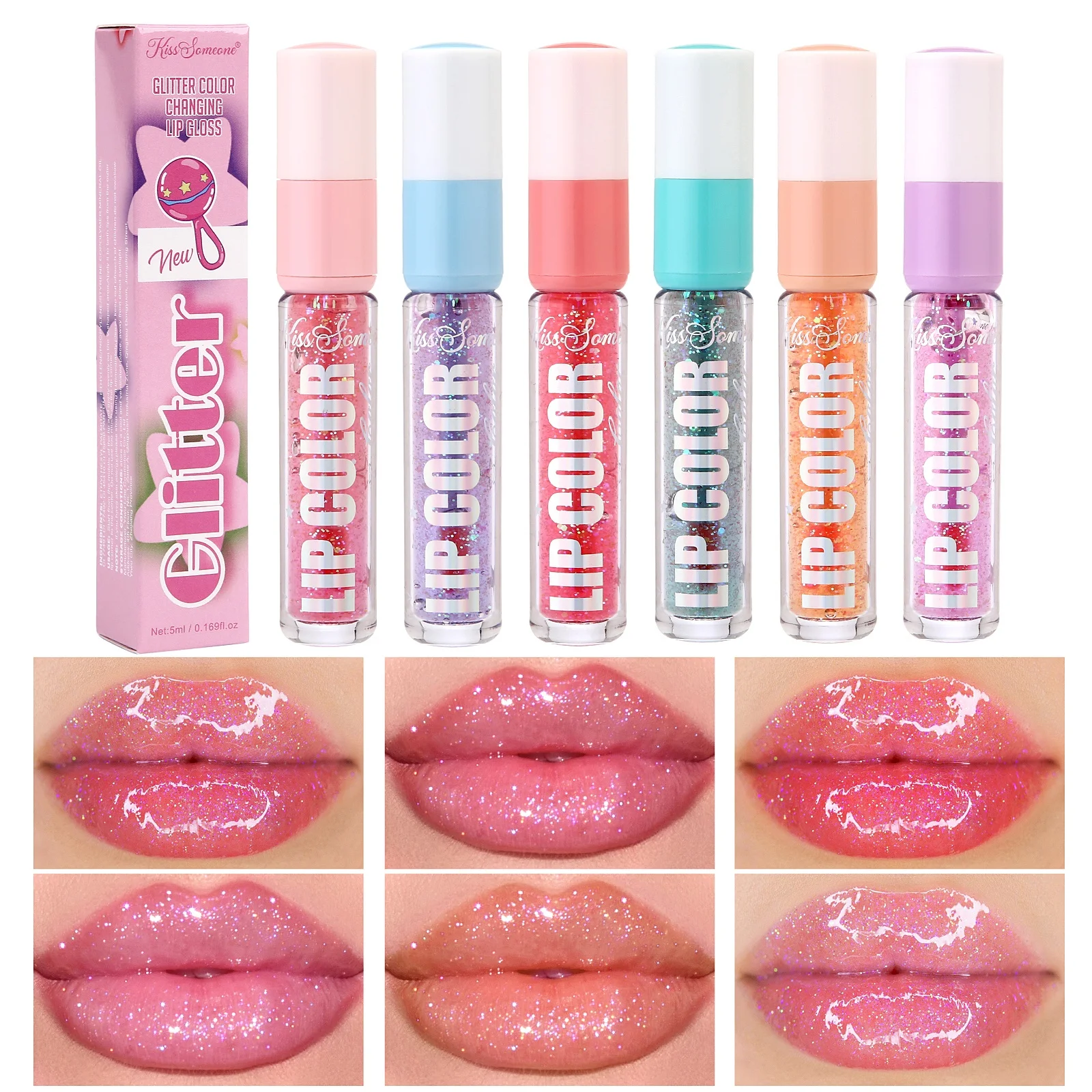 6가지 색상의 컬러 체인지 립글로스 미러 글로스 립 에센스가 입술에 오래 지속되는 보습과 촉촉함을 선사합니다.