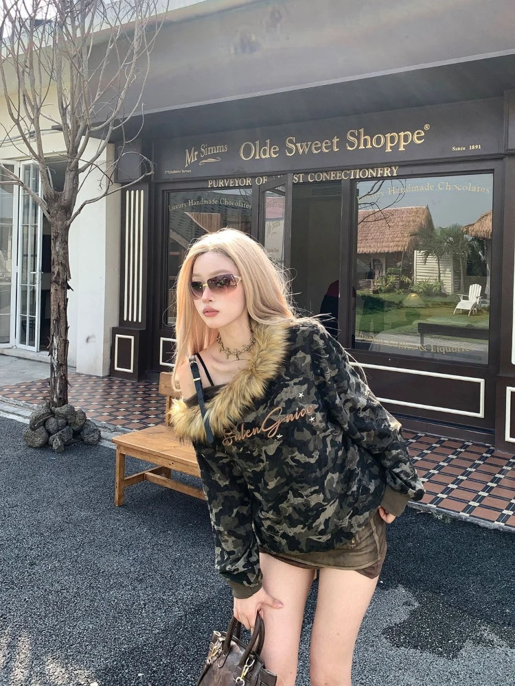 الأمريكية خمر الشارع الشهير التمويه تي شيرت المرأة عادية انحراف فو الفراء طوق قبالة الكتف مثير ريترو 2025 الخريف #6