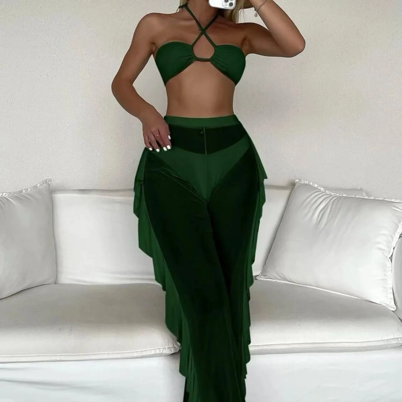 2025 جديد بيكيني ثلاث قطع السراويل الغزل بلون بيكيني زي سباحة من قطعتين مثير عالية الخصر