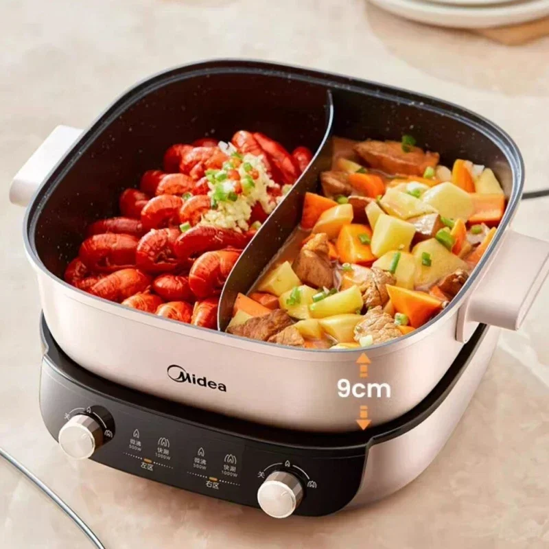 Midea หม้อ6.5L ไฟฟ้าสองรสชาติ220V หม้ออเนกประสงค์2000หม้อหุงต้มแบบไม่ติดหม้อไฟฟ้าแยก