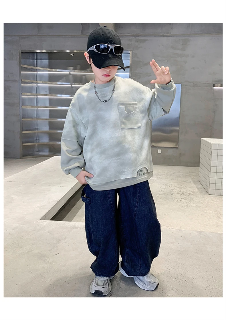 Kinderkleidung Coole Jungen Frühling Herbst Langarm-Sweatshirt und Weit geschnittene Jeans Tägliches Streetwear-Set 2026 – Detail 8
