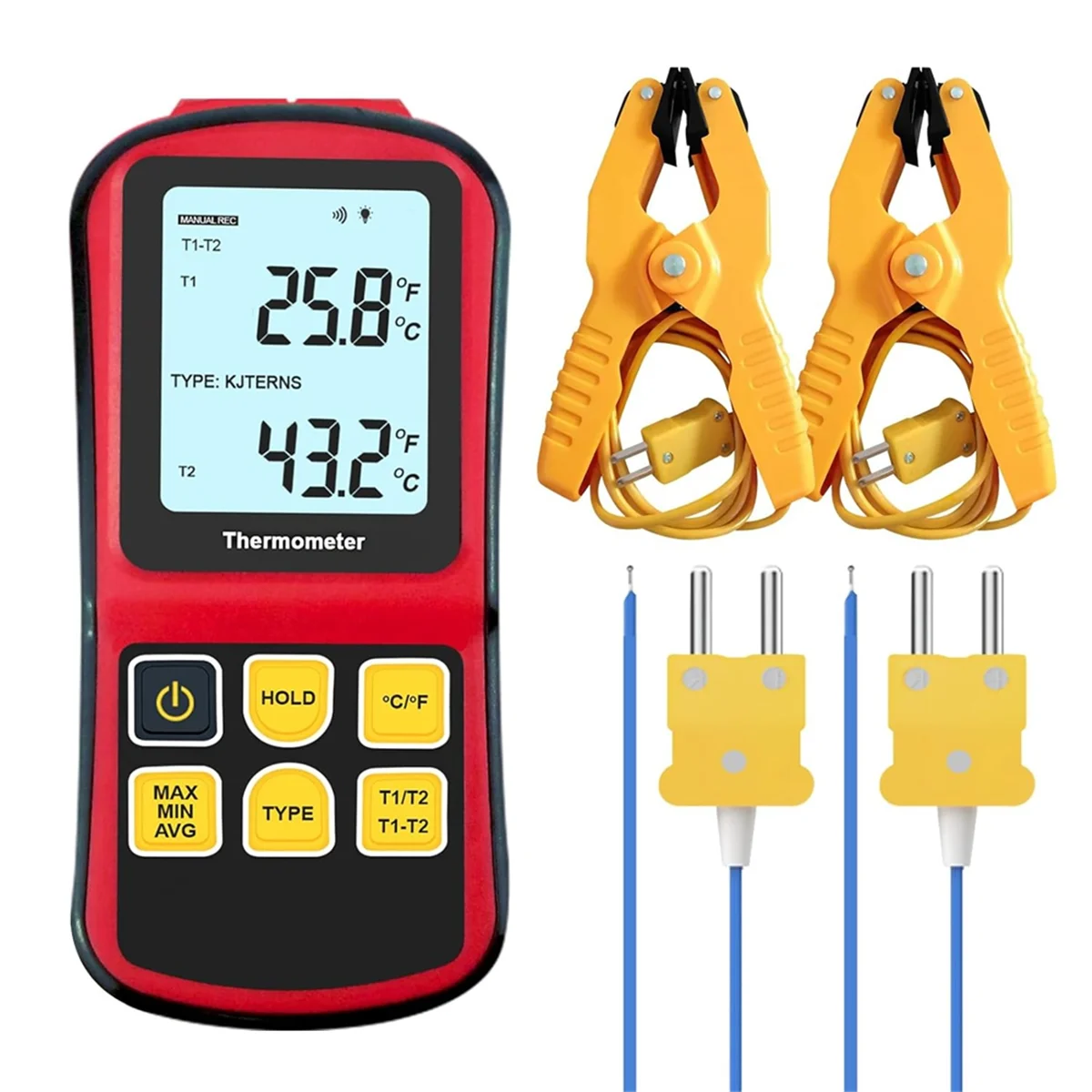 A20M Thermocouple Thermometer Digital K Type Thermometer,with 2 Temperature Clamp 2 Wired Thermocouple Probes