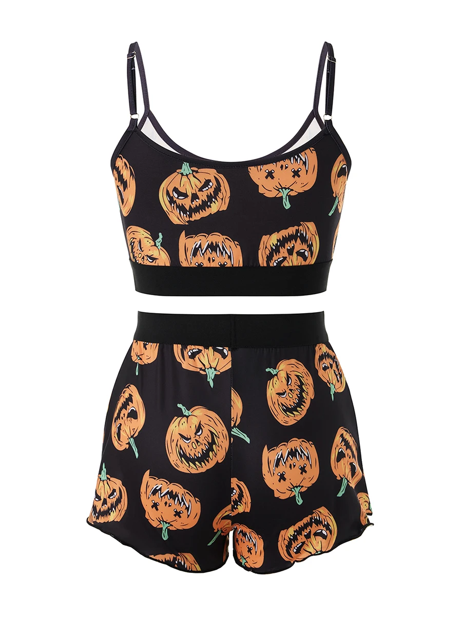 Women Halloween Shorts Set Scoop Neck Sleeveless  Fit Crop Camis Shorts Black Cat Pumpkin Print Outfits