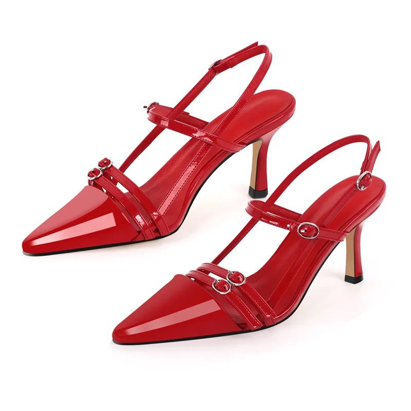 Onlymaker Women Red Pointed Toe Sandals Blac Patent Leather Ankle Buckle Thin High Heels Summer Sling- Backs Sandals