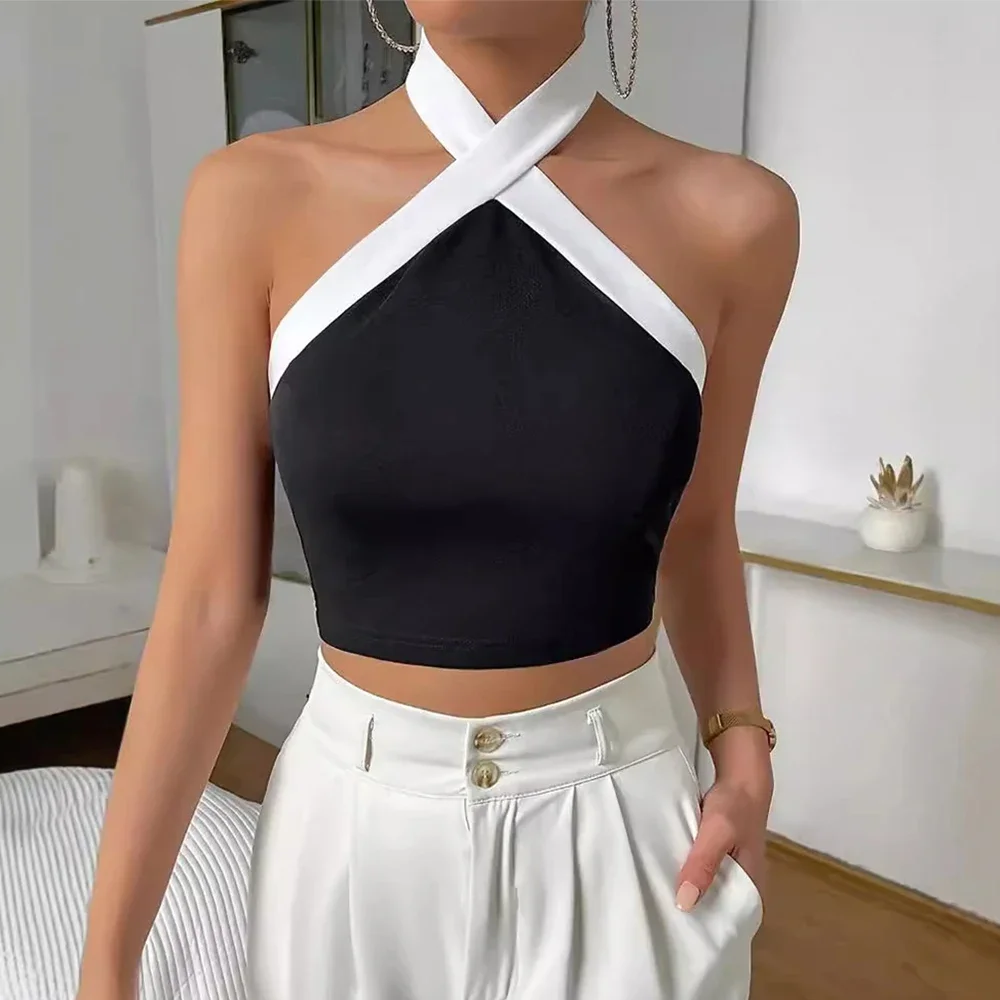 

CPSYMYM Blouses Summer Streetwear Fitting Slim Backless Patchwork Off Shoulder Halter Neck Cropped Casual Blouses For Women