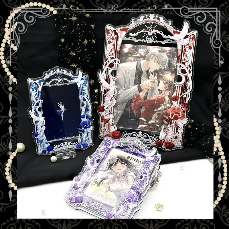 Royal Blue Rose Dove Acrylic Card Frame, Vintage Ornate Photo Holder for 3/6 Inch Anime Photocard Badge Collectible Display Case