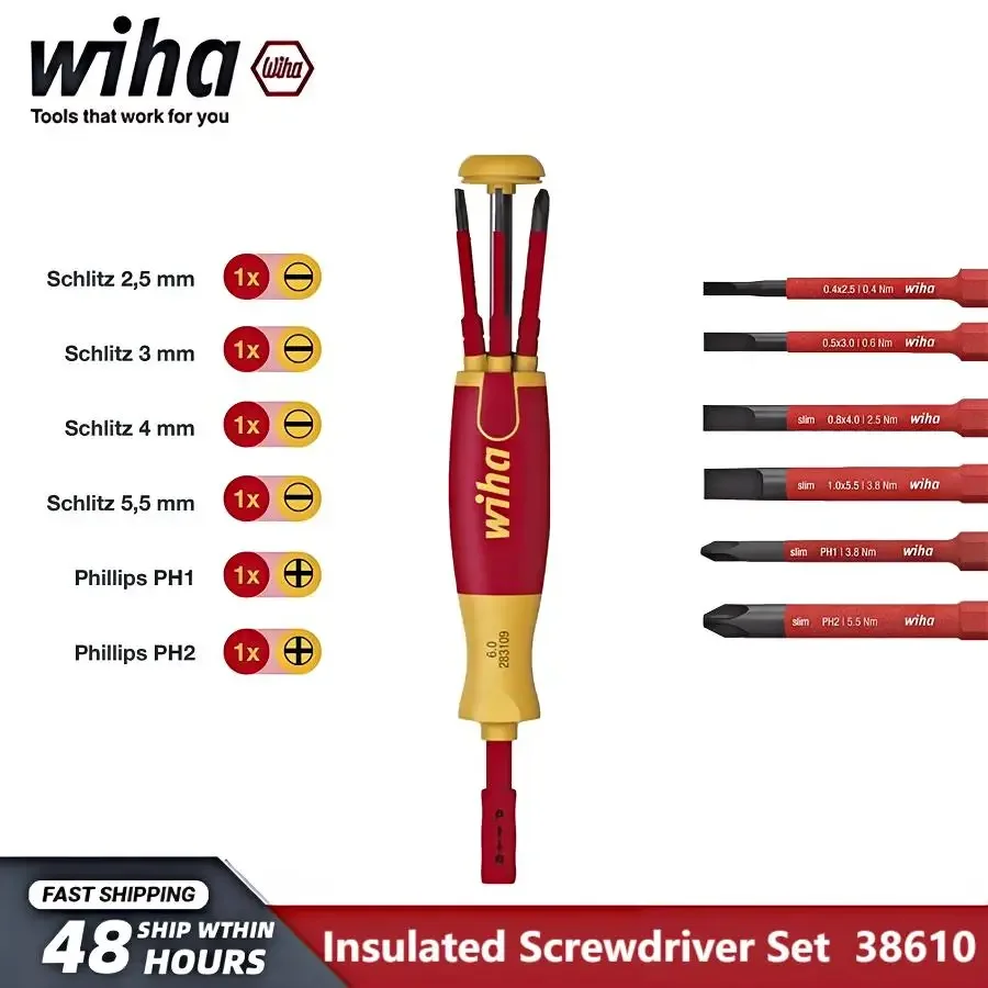 WIHA 6-in-1 multifunctionele geïsoleerde 1000V kruiskopschroevendraaierset, lift-off magazijnbit-aansluitingsdriver 38610