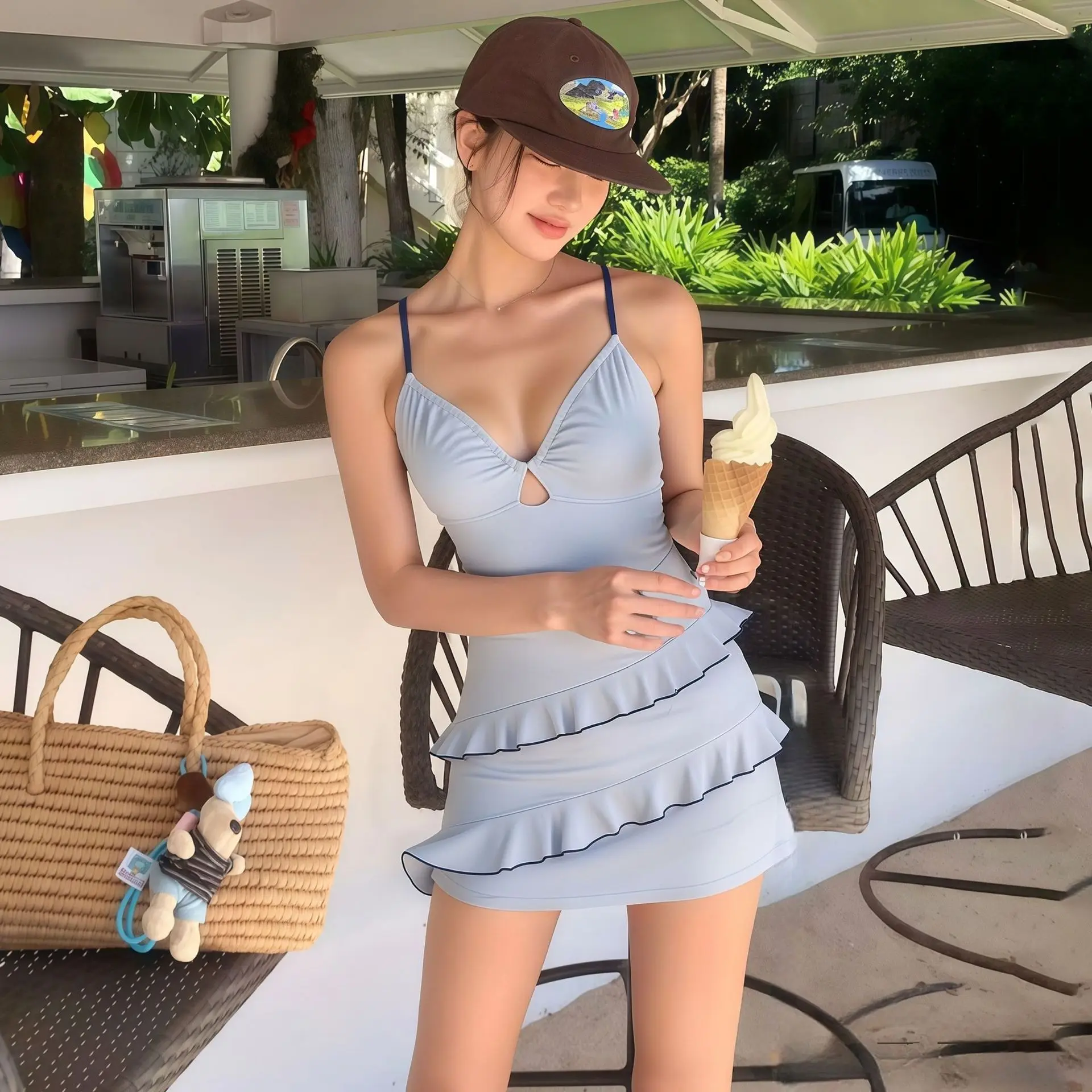 

2026 New Women's High End One-Piece Skirted Swimsuit Stunning INS Camisole Ruffle Slim Tummy Control Vacation