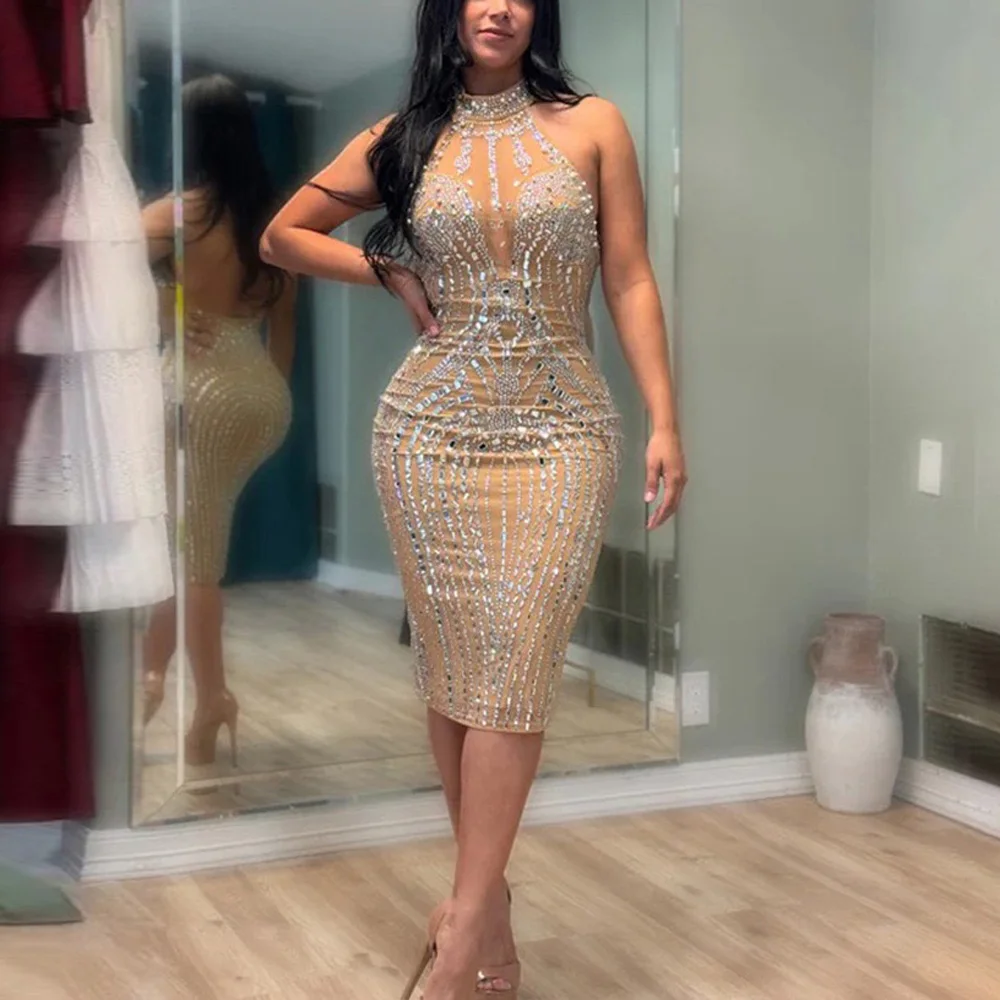 

Sexy Dresses for Woman Halter Backless Diamond Sheath Package Hips Mid Calf Elegant Evening Night Club Vestidos Mujer Wholesale