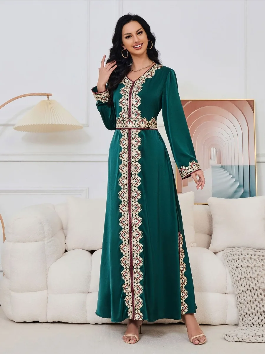 Eid Embroidery Arab Muslim Party Dress for Women Abaya Jalabiya Long Dresses Belted Kaftan Vestidos Dubai Ramadan Gown Robe