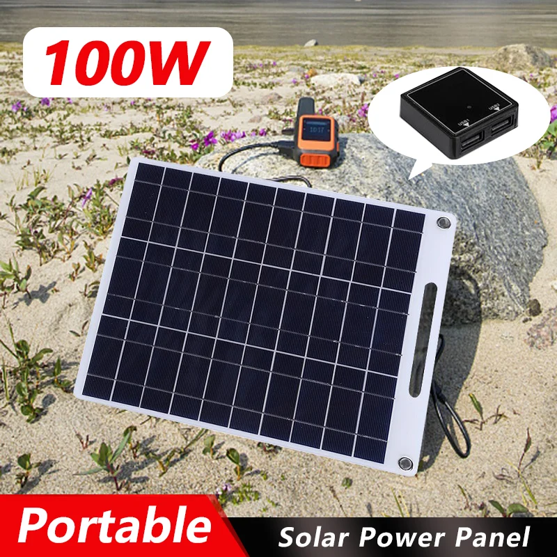 Painel solar impermeável, Carregador de bateria solar portátil Dual USB, Carregamento de células de acampamento ao ar livre, 100W, 5V