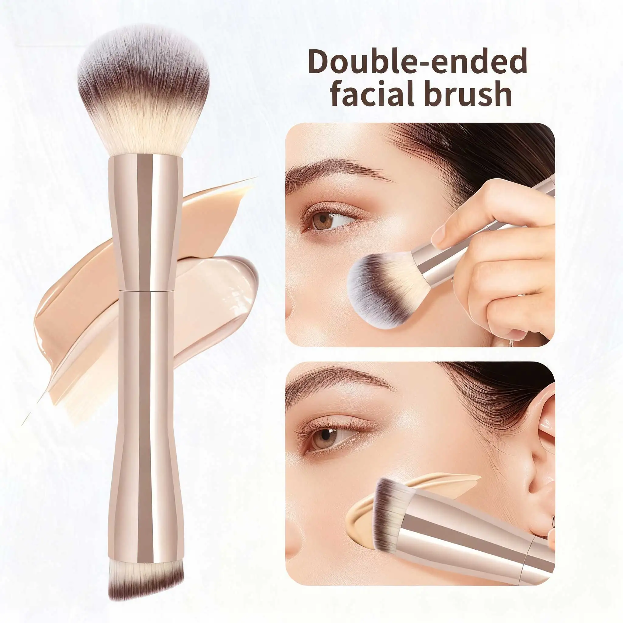 Pennelli per fondotinta, 2 pennelli per trucco a doppia estremità per sfumare polvere liquida, correttore, crema, fard, buffe (Oro)