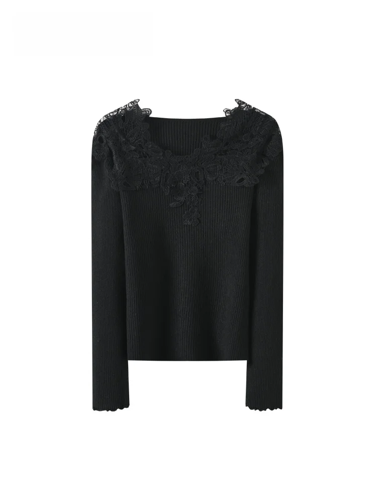

plus Size Lace Splice Knitted Sweater Long Sve Women's Autumn Winter Faion Trendy Fat Sister Sle Casual Mid-Length Kni...