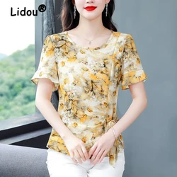 Summer Women's Korean Fashion Floral Print Blouse Office Lady Elegant Lace Up Shirt O Neck Short Sleeve Slim Tops Casual Blusas