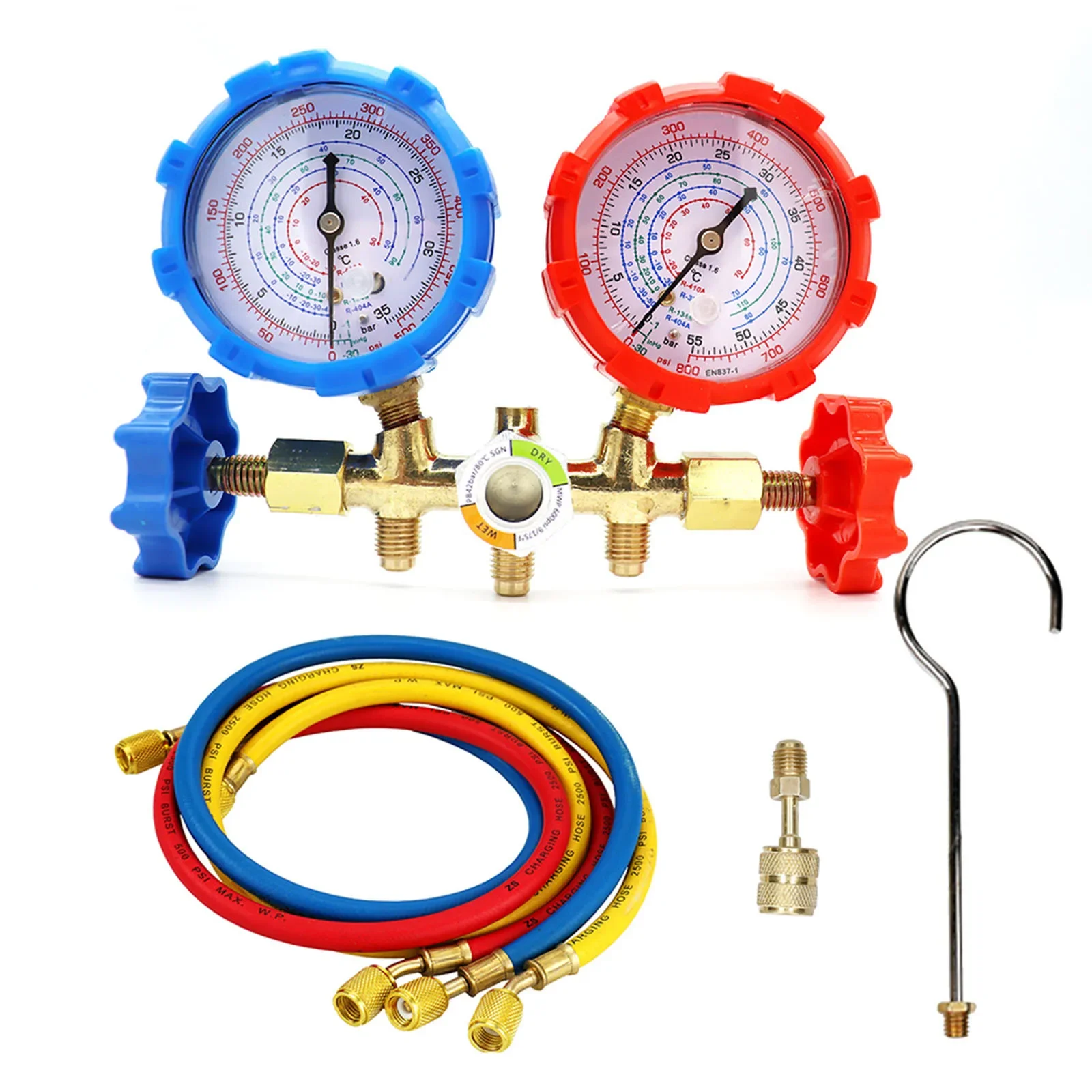 4 Way AC Gauge Set AC Manifold Gauge Set 2500PSI Burst Pressure 500PSI Working Pressure Brass Manifold Color Coded Gauges