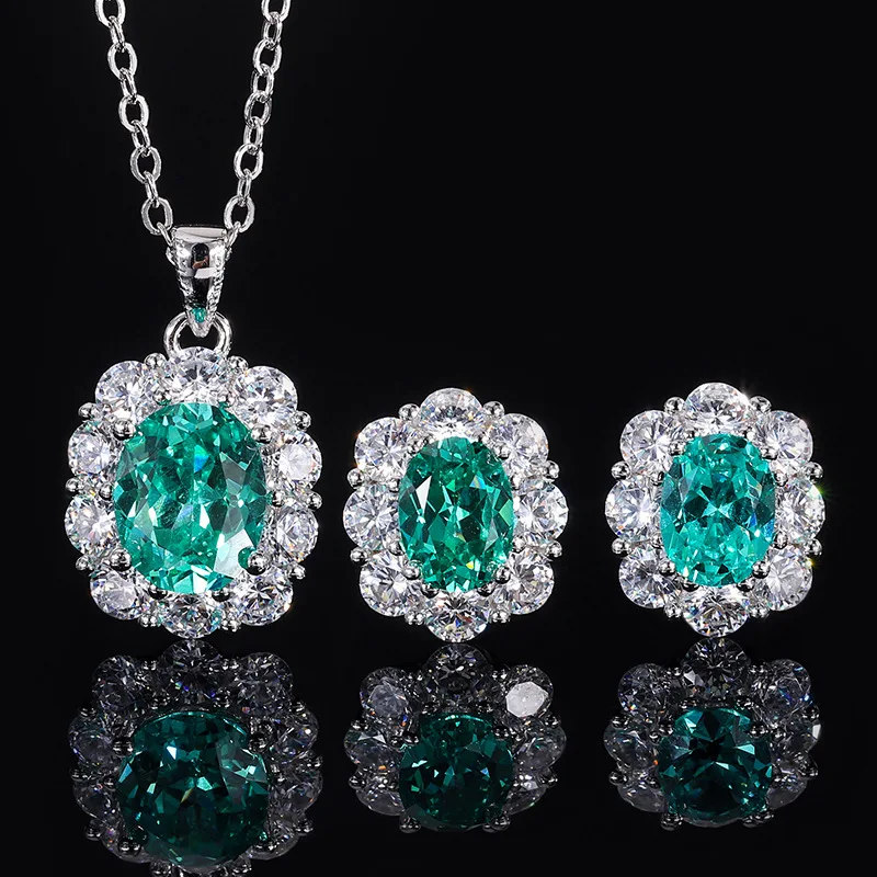

S925 Silver Simulation Green Tourmaline Pigeon Egg Fashion Set Main Stone Pendant 8 * 10 Earrings 6 * 8