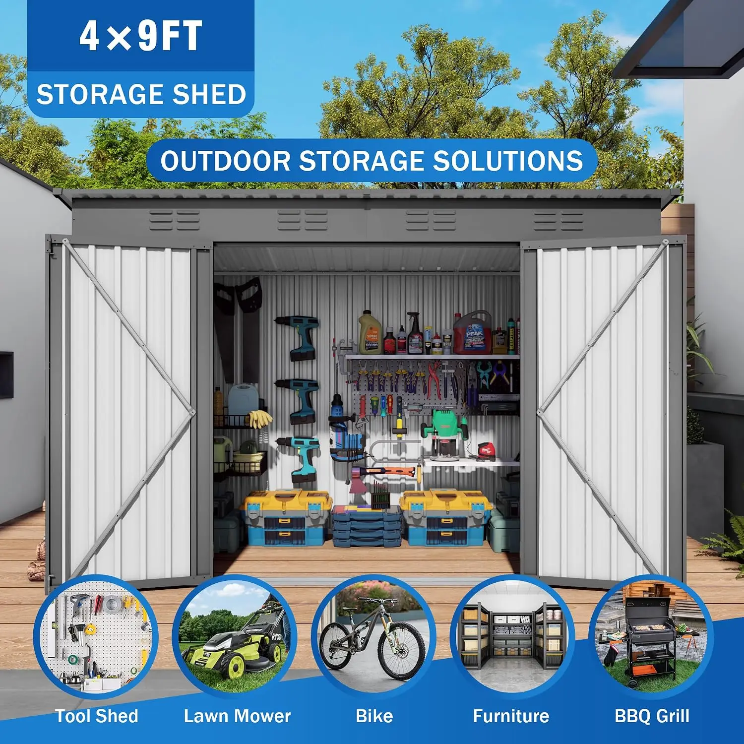 9x4FT Metal Lean to Shed with Window & Lockable Door Outdoor Garden Storage Tool Shed for Bike Lawn Mower, Customized