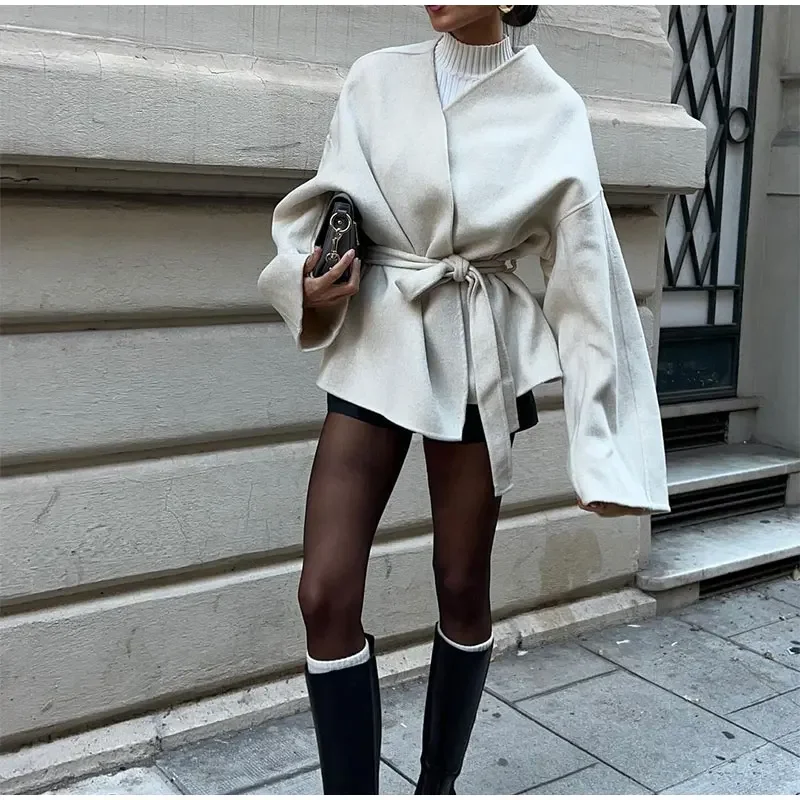 Autumn Collar Belt Pink Women's Wool Coats Thick Warm Casual Long Sleeved V-neck Jackets 2024 Female Commute Office Streetwears