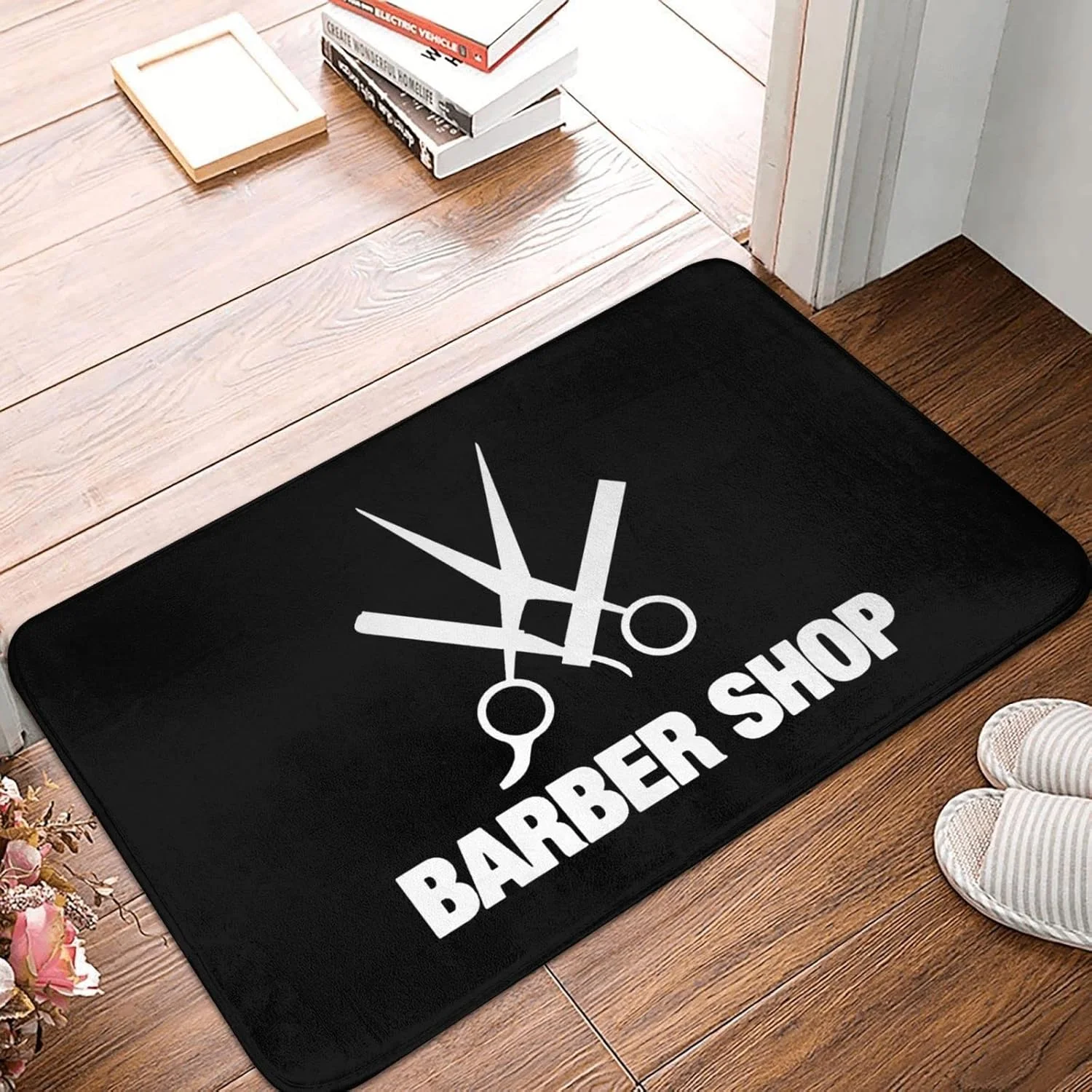 Alfombra de bienvenida lavable y antideslizante para barbería, con diseño de tijeras, navaja de afeitar y peine, para la entrada de peluquería o estudio.