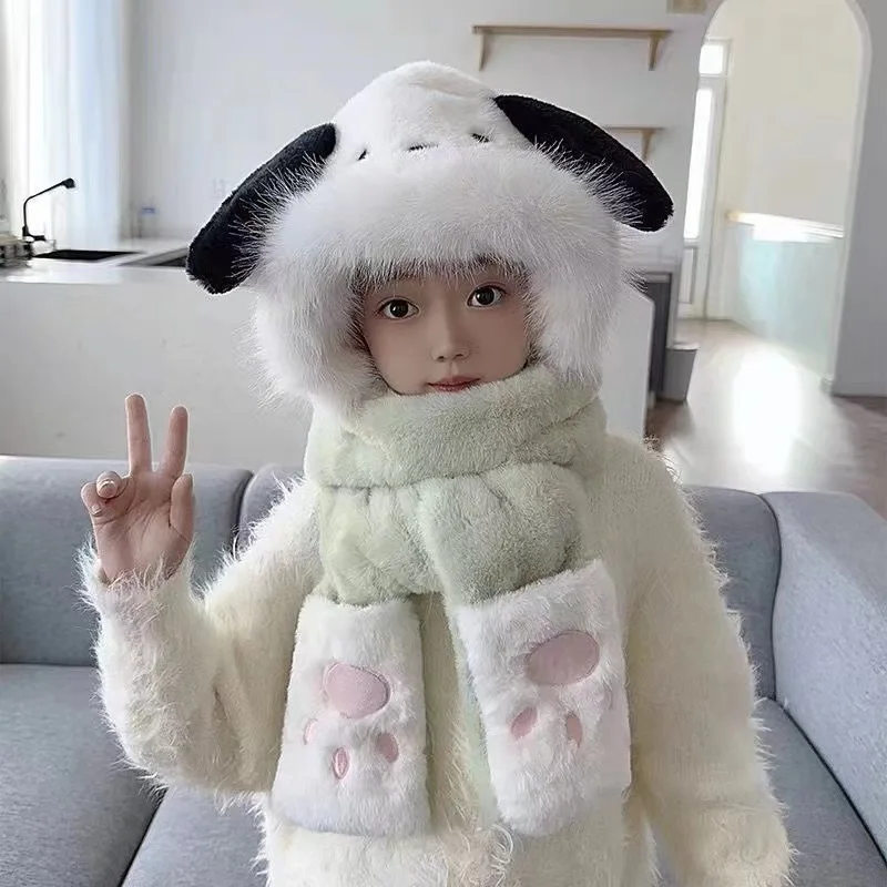 Gorro, bufanda, guante de invierno para niños de peluche Sanrio, bonito regalo de cumpleaños Kuromi Melody 3 en 1, decoración Kawaii de Navidad