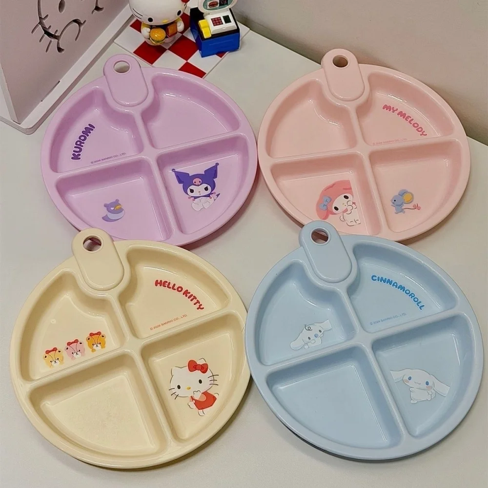 Cartoon Divided Plate Hello Kitty Kuromi My Melody Cinnamoroll 4 Grids Dinner Plate Food Tray Portable Plastic Snack Fruit Plate