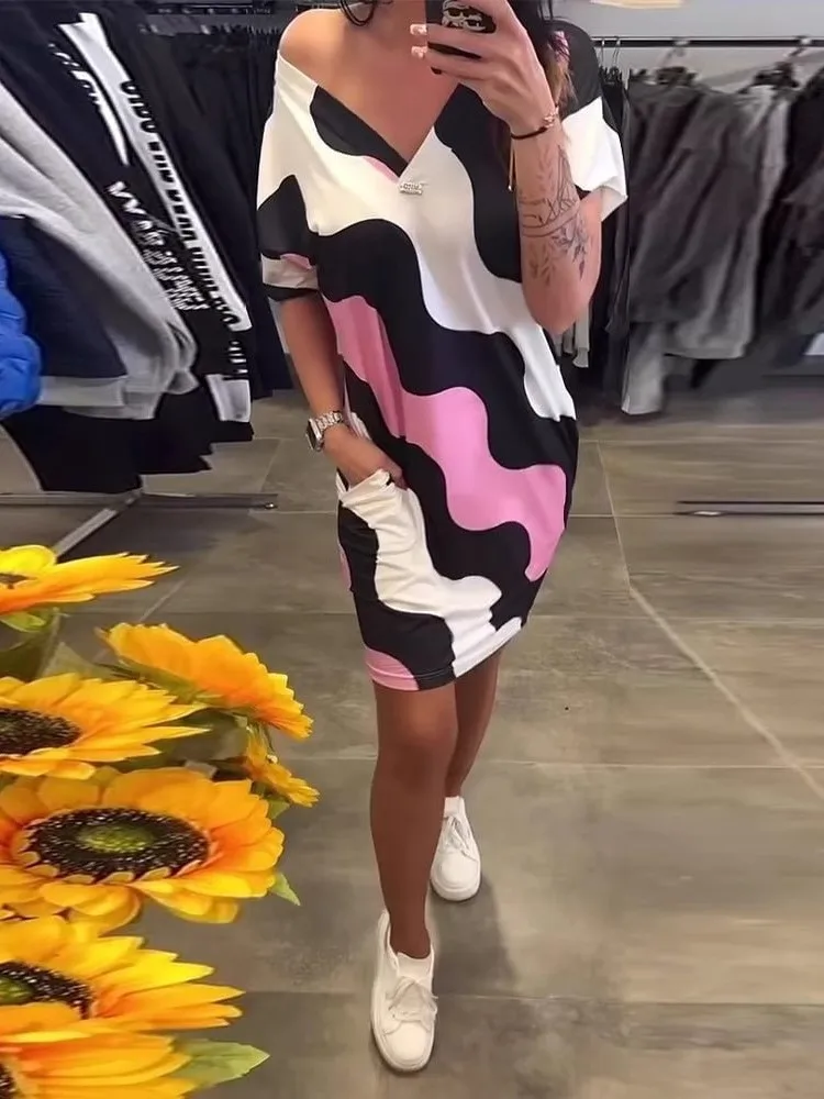 Sukienka damska z modnym nadrukiem, codzienna, dekolt w serek, krótki rękaw, sukienki typu pulower dla kobiet, wakacyjne spódnice w stylu boho, odzież damska, nowość na lato.