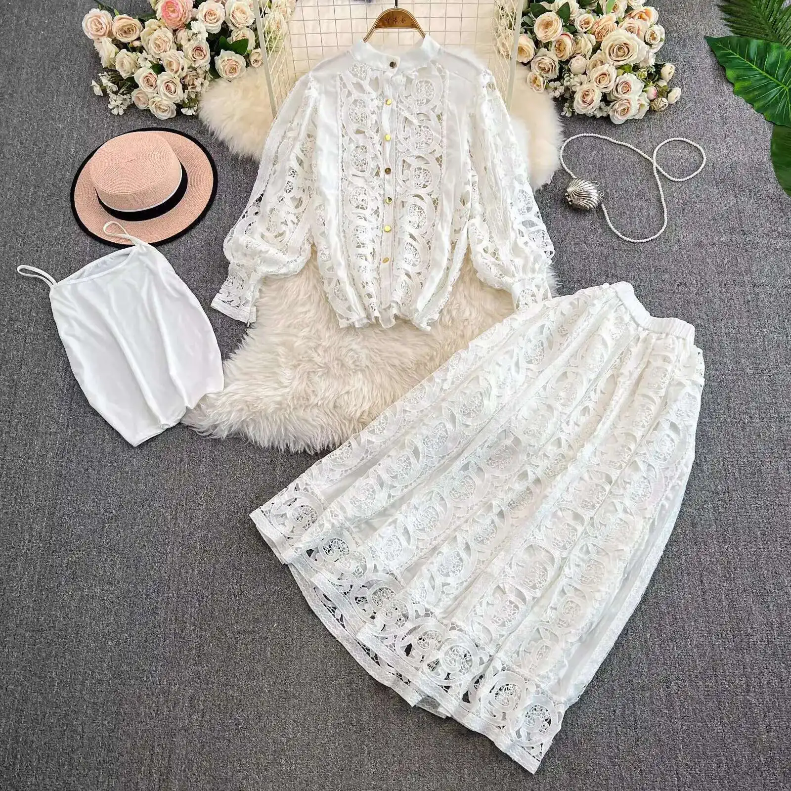 Autumn Crochet White Lace Embroidery 3 Pieces Sets Women Dress Suits Hollow Out Loose Shirt Top Elastic Waist Maxi Skirt Suit image 4