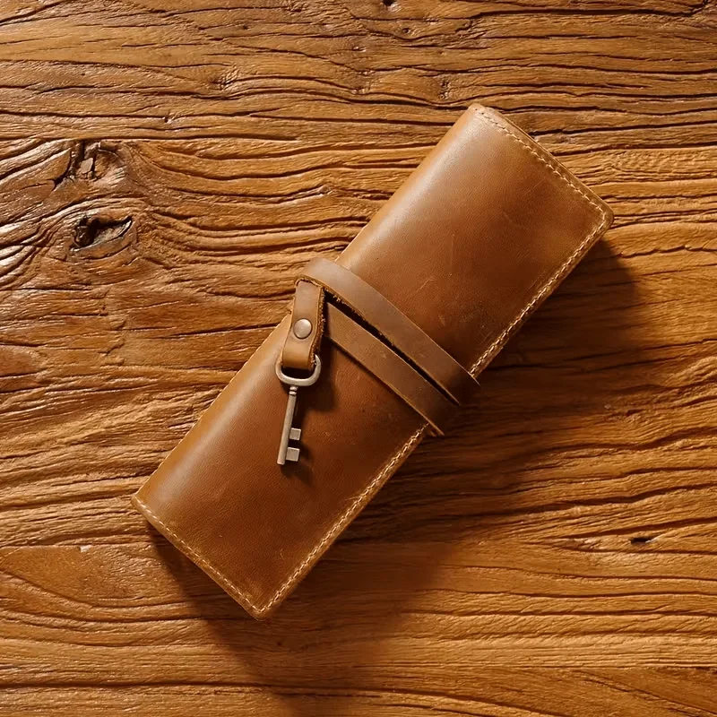 Vintage PU Leather Pencil Case Multi Compartment Organizer With Elastic Closure Key Loop Wrist Strap For Office School Supplies