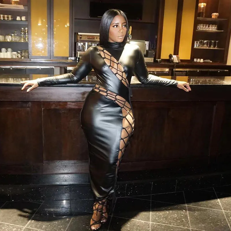 

Faux PU Leather Bandage Maxi Dresses for Women Party Night Club Bodycon Dress Sexy Lace-up Hollow Out Going Out Birthday Dress