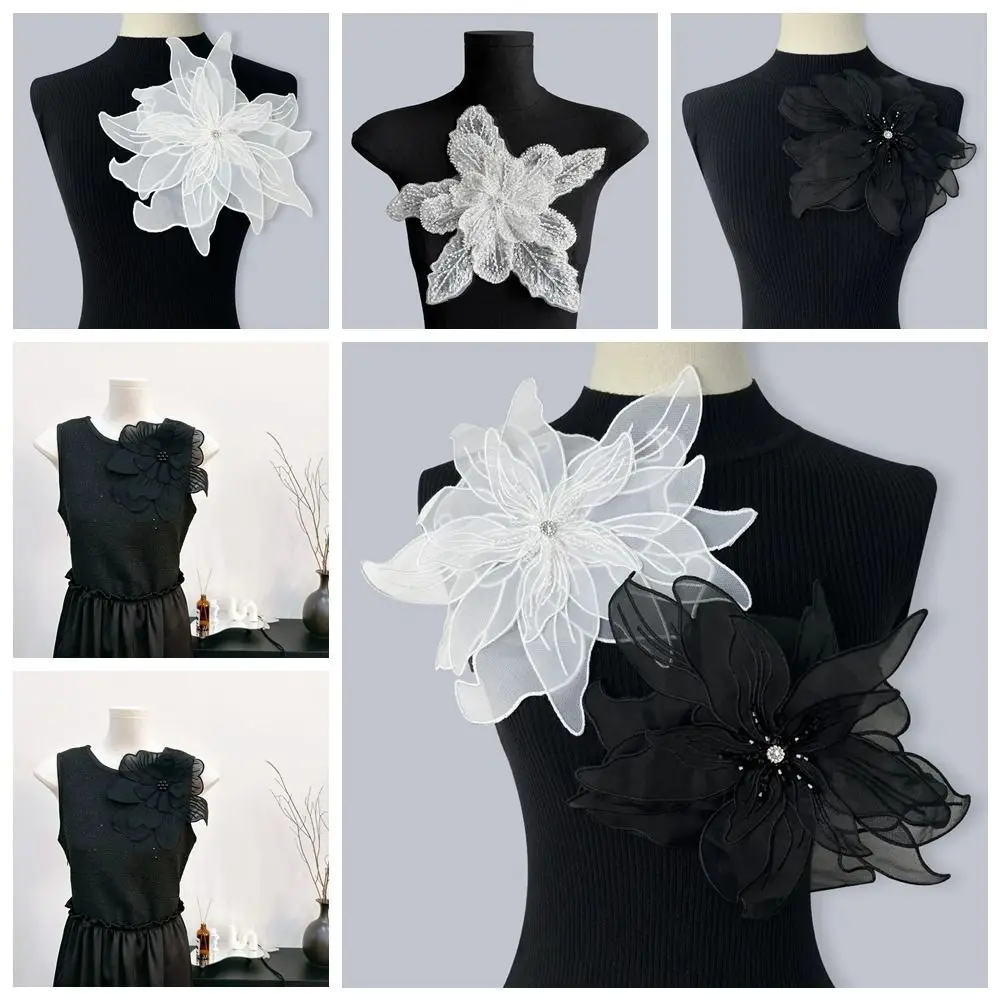 Multi Layered Organza Three-dimensional Flower Crystal Studded Pearl Dress Decoration with Brooch Accessories