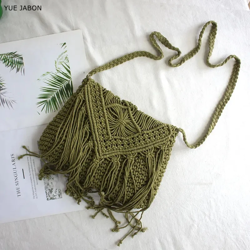 

Green Cotton Woven Knitted Tassel Crossbody Bag Vintage Shoulder Messenger Bag Female Fashion Beach Summer Handbags Flap Pocket