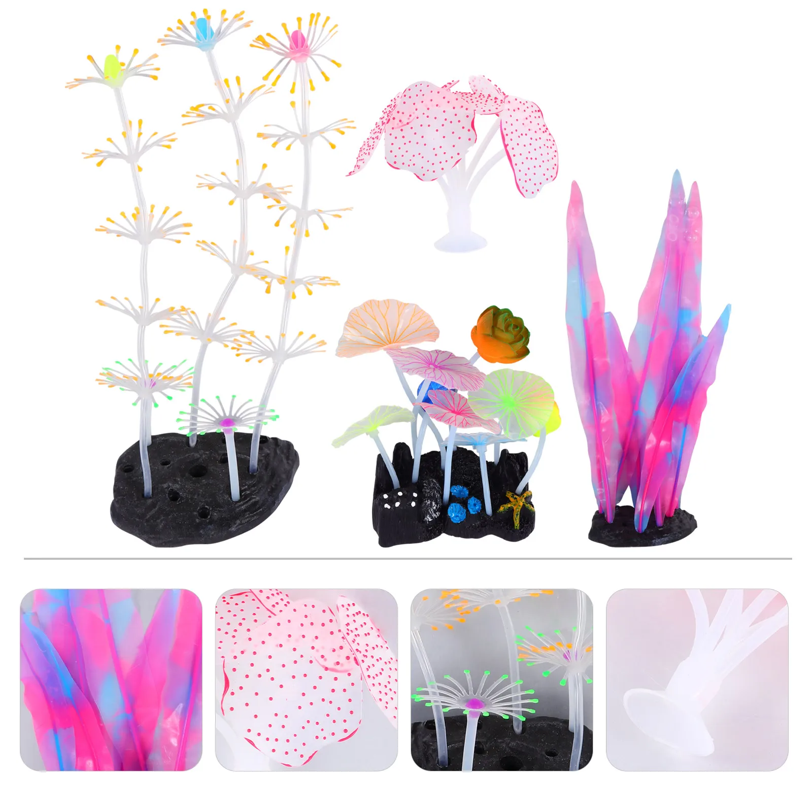

4pcs Aquarium Coral Decorations Fish Tank Glowing Simulation Plant Reusable Coral Ornaments Suction Cups Long Lasting Underwater
