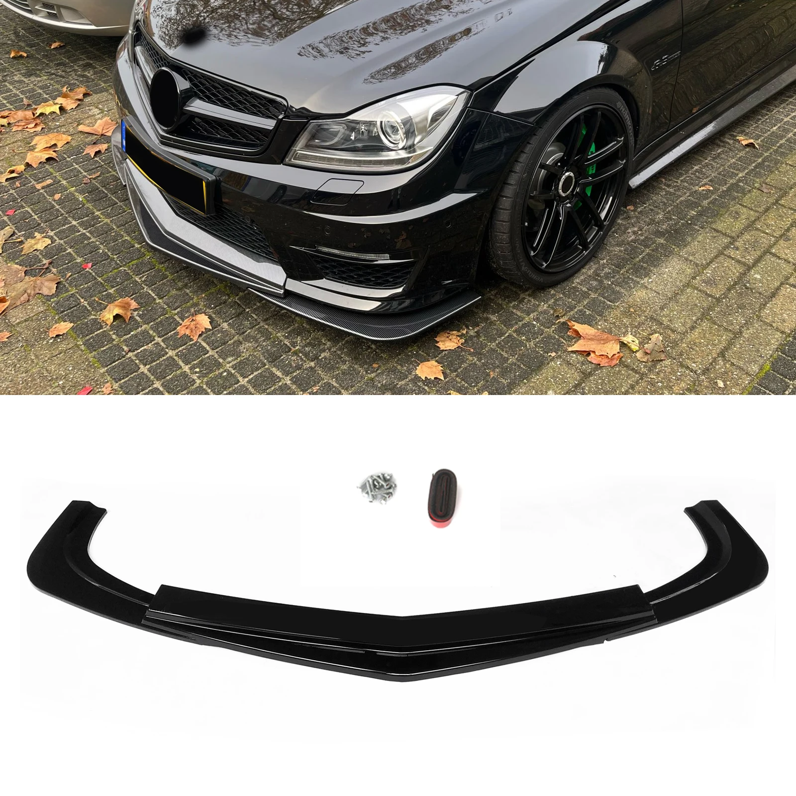 Front Bumper Spoiler Lip For Mercedes Benz C Class W204 C63 AMG Sedan 4-Door 2012-2014 Gloss Black/Carbon Fiber Look Splitter