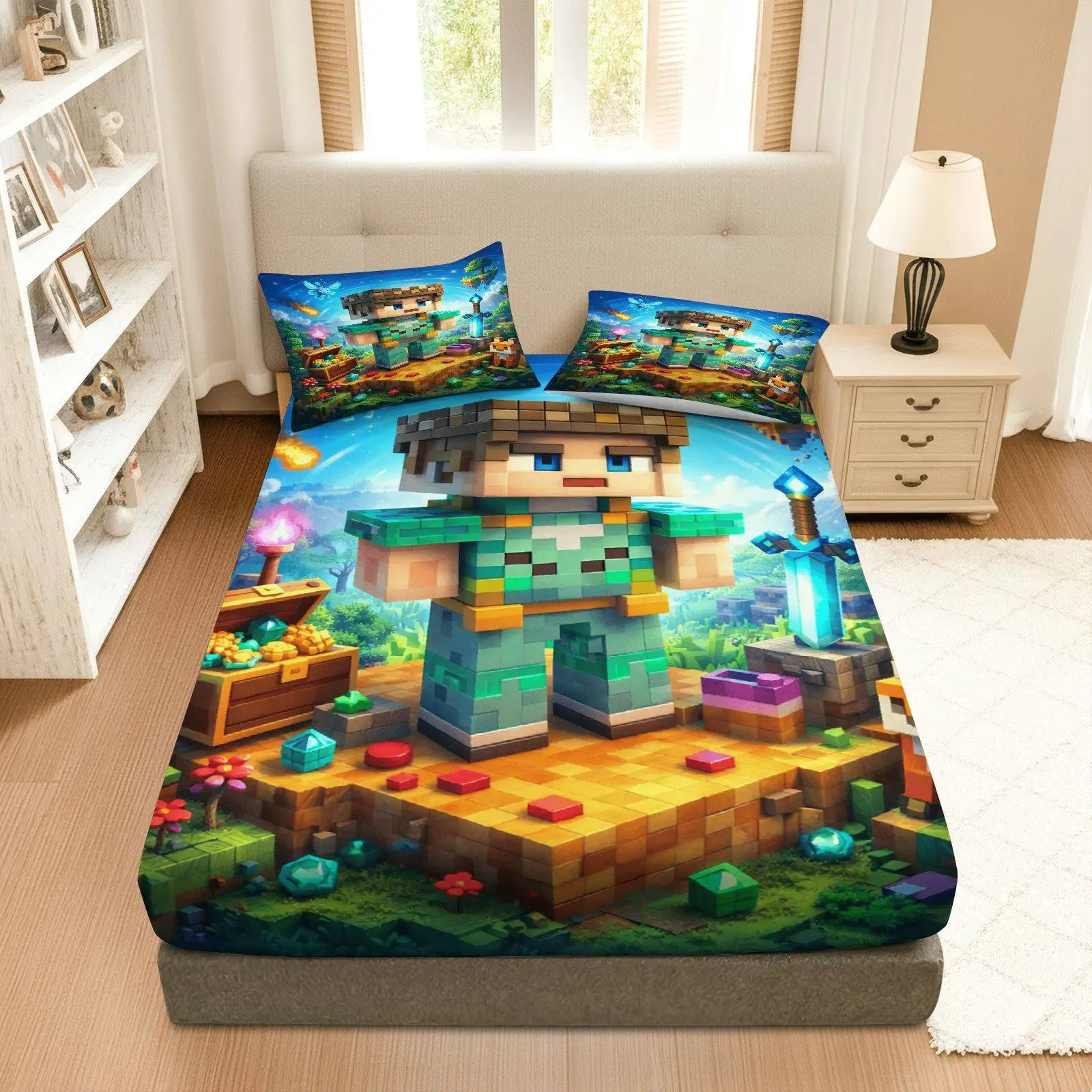 Three-piece fitted sheet set, digital print fitted sheet set, bedding (includes 1 fitted sheet + 2 pillowcases) with adventure game pixel art holiday and game theme design, large capacity deep pocket 2D printed fitted sheet and 2 pillowcases, mattress protector, fitted elastic style, suitable for all seasons, machine washable design, holiday decoration, various sizes, breathable protector with pillowcase