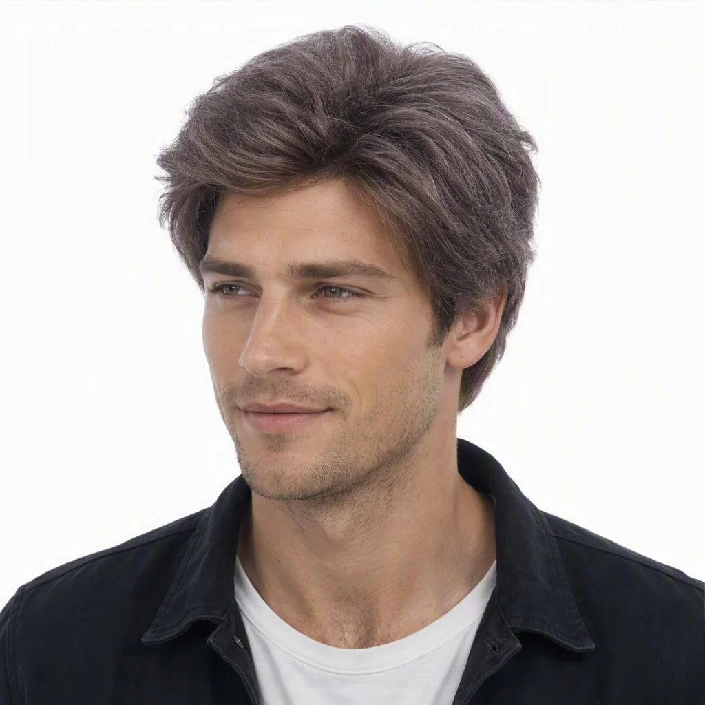 REEWES Short Silver Grey Wig Natural Layerd Synthetic Hair With Fluffy Top For Mens Daily Wear Halloween Party Anime Cosplay