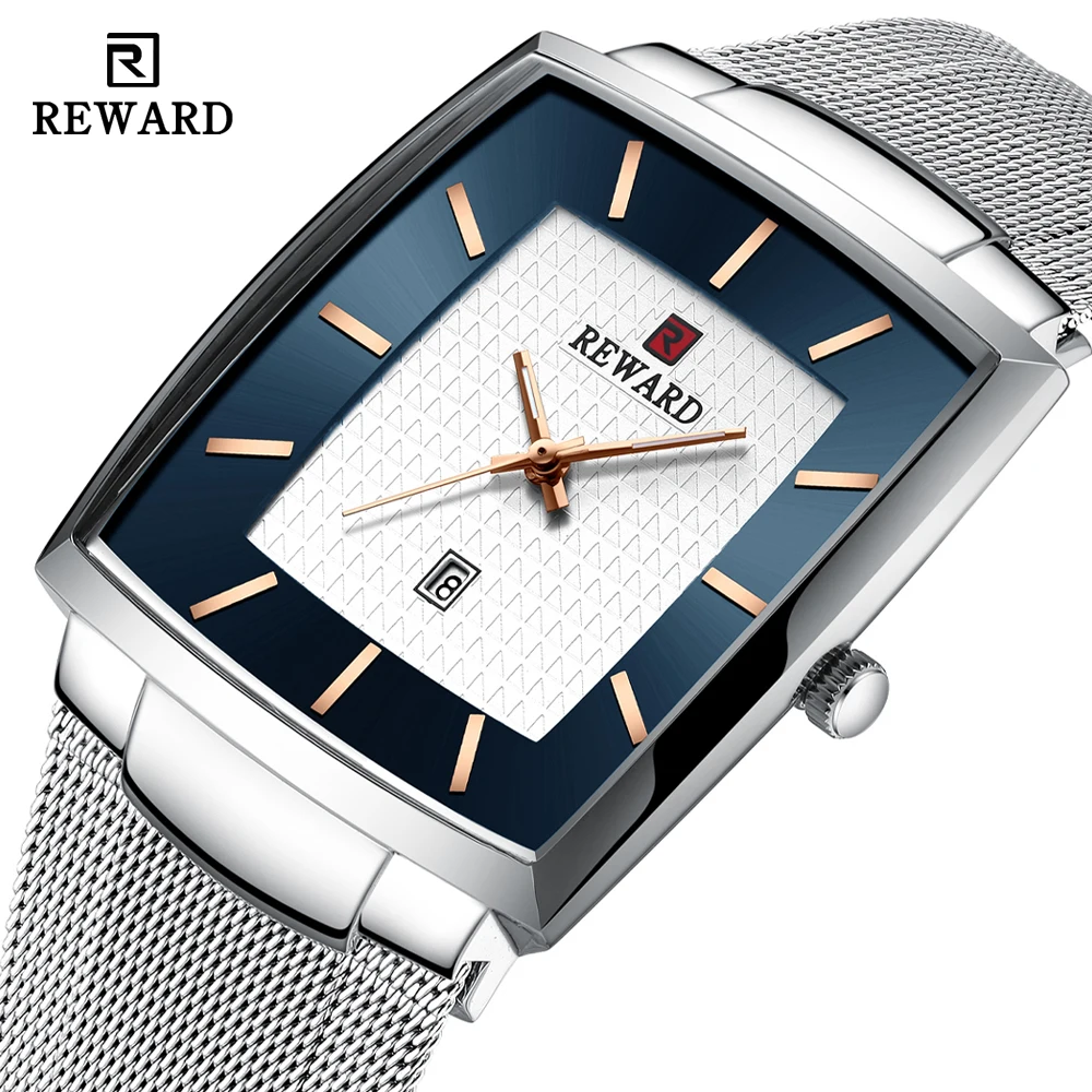 REWARD Fashion Watches Men Top Luxury Brand Square Blue Men\'s Wristwatch Stainless Steel Waterproof Quartz Clock Male